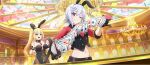  2girls :d \m/ animal_ear_hairband animal_ears armband black_armband black_gloves black_hairband black_vest black_wrist_cuffs blonde_hair blue_eyes braid breasts buttons casino chandelier chris_(konosuba) cleavage covered_navel crown_braid darkness_(konosuba) detached_collar dot_nose double-breasted dutch_angle earrings fake_animal_ears game_cg gloves grin groin hair_ornament hairband hands_up head_tilt high_ponytail highres indoors jewelry kono_subarashii_sekai_ni_shukufuku_wo! konosuba!_fantastic_days large_breasts lens_flare long_hair looking_at_viewer midriff multiple_girls navel necktie official_art one_eye_closed open_mouth playboy_bunny ponytail purple_hair rabbit_ear_hairband rabbit_ears red_necktie red_shirt scar scar_on_cheek scar_on_face shirt short_hair short_necktie shuffling_cards small_breasts smile stained_glass third-party_source vest wrist_cuffs x_hair_ornament 