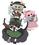  4girls ^_^ animal_ears arm_cannon asymmetrical_footwear black_hair black_hat blue_skirt bow braid brown_hair cape cat_ears cat_tail closed_eyes green_eyes green_hair green_skirt hair_bow hairband hat hat_bow heart hitodama holding holding_knife kaenbyou_rin knife komeiji_koishi komeiji_satori kuuinusuki long_hair mismatched_footwear multiple_girls multiple_tails pink_hair pink_skirt red_eyes red_hairband reiuji_utsuho short_hair side_braids simple_background skirt speech_bubble tail third_eye touhou translation_request twin_braids two_tails weapon white_background white_cape yellow_bow 
