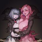  2girls :p bangs blue_eyes blue_hair blue_skin blush breast_press breasts colored_skin hair_between_eyes hug huge_breasts large_breasts last_origin lemonade_alpha long_hair looking_at_viewer machina_(last_origin) monster_girl multiple_girls oo_(nxvv3285) pink_eyes pink_hair pink_skin short_hair symmetrical_docking tentacle_hair tongue tongue_out 