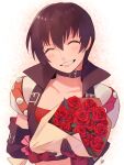  1girl armor bangs black_choker black_hair black_sleeves bouquet buckle choker closed_eyes collarbone crop_top detached_sleeves facing_viewer flower gloves grin hair_between_eyes head_tilt highres holding holding_bouquet red_flower red_gloves red_rose rose rutee_katrea shiny shiny_hair short_hair shoulder_armor smile solo tales_of_(series) tales_of_destiny ubo_(ubo_tales) upper_body white_background 