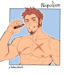  1boy abs absurdres bara blue_eyes blush brown_hair cigar collarbone cropped_torso facial_hair fate/grand_order fate_(series) goatee highres holmy_(holmesdmode) large_pectorals male_focus mature_male muscular muscular_male napoleon_bonaparte_(fate) nipples nude scar scar_on_chest short_hair sideburns smile solo 