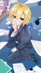  blonde_hair formal_clothes green_eyes hand_on_own_chin highres necktie nijisanji office on_floor red_necktie suit tears uzuki_kou 