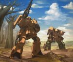  bare_tree cable cloud cloudy_sky commentary_request gun gundam gundam_0083 holding holding_gun holding_weapon machine_gun machinery mecha mecha_focus mobile_suit no_humans one-eyed red_eyes robot rock science_fiction shield shoulder_spikes sky spikes tessaku_ro tree weapon zaku_ii zaku_ii_f2 zeon 