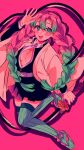  1girl :d black_skirt blush braid breasts cleavage commentary_request demon_slayer_uniform eyelashes green_hair hair_between_eyes haori highres holding holding_sword holding_weapon japanese_clothes kanroji_mitsuri kimetsu_no_yaiba long_sleeves looking_at_viewer multicolored_hair open_mouth pink_background pink_hair rumic_0620 sandals skirt smile solo sword teeth thighhighs twin_braids two-tone_hair upper_teeth_only weapon whip_sword white_haori wide_sleeves 