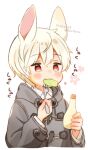  1boy animal_ears blush chewing coat collared_shirt commentary_request cropped_torso dated dot_nose double-parted_bangs far_tarooo food_in_mouth fork grey_coat hair_between_eyes highres holding holding_fork holding_utensil jitome layered_sleeves lettuce long_sleeves male_focus mayonnaise mayonnaise_bottle original rabbit_boy rabbit_ears red_eyes shirt short_hair solo translation_request twitter_username utensil white_background white_hair white_shirt wing_collar 