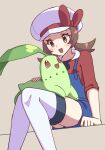  1girl blue_overalls bow brown_hair chikorita hat hat_bow highres lyra_(pokemon) mocha6633 newsboy_cap overalls pokemon pokemon_(creature) pokemon_hgss red_shirt shirt simple_background thighhighs white_hat white_thighhighs 