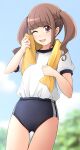  1girl ass_visible_through_thighs blue_buruma blue_sky brown_eyes brown_hair buruma cloud commission cowboy_shot day eyebrows_hidden_by_hair flat_chest gym_shirt gym_uniform healin&#039;_good_precure hiramitsu_hinata long_hair one_eye_closed outdoors precure shibacha shirt skeb_commission sky solo t-shirt thigh_gap towel towel_around_neck twintails twintails_with_hair_base white_shirt 