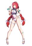  1girl absurdres armband bandaid bandaid_on_leg bead_bracelet beads bow bracelet braid braided_twintails breasts cleavage commentary eyewear_on_head green_armband green_eyes hair_bow hand_on_own_hip heart heart-shaped_eyewear higasino3ldk highres holding holding_water_gun jewelry long_hair medium_breasts multiple_hair_bows official_alternate_costume one-piece_swimsuit pigeon-toed platform_sandals red_hair sandals simple_background solo swimsuit twin_braids ukinami_yuzuha ukinami_yuzuha_(tanuki_in_broad_daylight) water_gun white_background white_bow zenless_zone_zero 