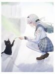  1girl 1other absurdres black_cat black_hairband black_ribbon bow bowtie brown_shoes cat closed_mouth collared_shirt firefly_(honkai:_star_rail) firefly_(spring_missive)_(honkai:_star_rail) from_side gradient_eyes gradient_hair green_bow green_bowtie green_pupils grey_hair grey_sailor_collar grey_skirt hair_between_eyes hair_intakes hair_ornament hair_ribbon hairband highres holding holding_plant honkai:_star_rail honkai_(series) iooqq multicolored_eyes multicolored_hair plaid_bow plaid_bowtie plaid_clothes plant pleated_skirt ribbon sailor_collar shirt shoes skirt smile thighhighs white_shirt white_thighhighs 