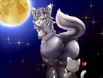  &lt;3 anthro blush canid canine clothing domestic_cat ear_piercing ear_ring felid feline felis female grey_body hi_res holding_butt industrial_piercing larger_female legwear licking licking_lips licking_own_lips looking_back mammal mohurin piercing self_lick size_difference thigh_highs tongue tongue_out torn_clothing 