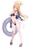  1girl absurdres animal_ear_fluff bikini black_bikini blue_archive blue_eyes breasts commentary_request eco_mak1 flower full_body hair_flower hair_ornament halo hand_on_own_chest highres innertube jacket long_hair mari_(blue_archive) medium_breasts multicolored_jacket open_clothes open_jacket orange_hair parted_lips sandals sarong see-through_clothes see-through_sarong simple_background smile solo swim_ring swimsuit two-tone_jacket white_background white_flower yellow_halo 