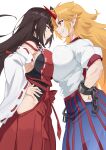  2girls absurdres asymmetrical_docking blonde_hair blue_skirt bracelet breast_press breasts brown_hair closed_mouth commentary_request detached_sleeves face-to-face from_side hakama hakama_skirt highres horns hoshiguma_yuugi jager japanese_clothes jewelry large_breasts long_hair looking_at_another multiple_girls pointy_ears red_eyes red_skirt ribbon-trimmed_sleeves ribbon_trim sendai_hakurei_no_miko sharp_teeth shirt simple_background single_horn skirt teeth touhou white_background white_shirt 