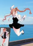  1girl black_dress black_shoes blue_sky brown_hair cellphone cloud commentary_request day dress full_body hair_flaps highres jumping kantai_collection murasame_(kancolle) murasame_kai_ni_(kancolle) official_alternate_costume outdoors phone second-party_source shirt shoes sky smartphone smile solo twintails white_shirt yukimi_neko 