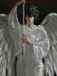  1boy absurdres angel angel_wings arm_up black_background black_hair blood closed_eyes closed_mouth commentary cowboy_shot death_note fieroo hair_between_eyes hashtag-only_commentary highres holding l_(death_note) long_sleeves male_focus parted_bangs robe solo white_robe white_wings wide_sleeves wings 