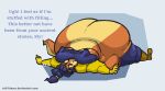 2018 anthro belly big_belly big_breasts blue_hair breasts canid canine carmelita_fox clothing english_text female fox gloves hair handwear huge_belly lying mammal obese on_back overweight simple_background sly_cooper_(series) solo sony_corporation sony_interactive_entertainment sucker_punch_productions tail-blazer text url
