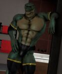  3d_(artwork) anthro armwear bulge clothed clothing digital_media_(artwork) leaning legwear lizard looking_at_viewer male reptile rings_on_arms rings_on_legs scalie snak3 solo source_filmmaker 