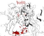  2girls ahoge animal_ears blood blood_on_body blood_on_face blood_on_hands breasts breasts_squeezed_together claws colored_tips crossover dog_ears dog_tail english_text fox_ears fox_tail hand_on_another&#039;s_arm head_tilt heart heart_ahoge highres implied_attack indie_virtual_youtuber looking_at_viewer mari_the_hybrid multicolored_hair multiple_girls partially_colored simple_background sketch smile tail tentacles upper_body white_background yoimon 