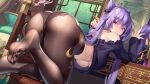  ass breasts genshin_impact keqing_(genshin_impact) long_hair mirror no_bra panties pantyhose pupupu purple_eyes purple_hair reflection twintails underboob underwear 