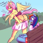  absurd_res anthro anthrofied blush butt clothed clothing currentlytr_ash equid equine exhibitionism female female/female fluttershy_(mlp) friendship_is_magic genitals hasbro hi_res mammal my_little_pony no_underwear outside pegasus pinkie_pie_(mlp) pussy rainbow_dash_(mlp) skirt_down wings 