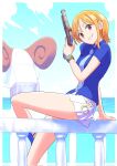  1girl arm_support bangle bare_legs birthday blue_sandals blue_shirt blue_sky bracelet breasts brown_eyes buruu4000 cloud cloudy_sky commentary feet_out_of_frame from_side going_merry gun hair_behind_ear highres holding holding_gun holding_weapon horizon jewelry legs log_pose looking_at_viewer medium_breasts miniskirt nami_(one_piece) necktie ocean official_alternate_costume one_piece orange_eyes orange_hair outdoors parted_lips pirate_ship pleated_skirt sandals shirt short_hair short_sleeves single_sidelock sitting skirt sky solo thighs weapon white_skirt 