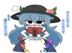  1girl black_hat blue_eyes blue_hair bow bowtie commentary_request hands_on_own_hips hat hinanawi_tenshi kuuinusuki long_sleeves looking_at_viewer open_mouth peach_hat_ornament puff_of_air rainbow_order red_bow red_bowtie simple_background solo touhou translation_request v-shaped_eyebrows white_background 