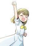  1girl :d ^_^ blush braid center-flap_bangs clenched_hands closed_eyes commentary_request dress facing_viewer hasu_no_sora_school_uniform highres kachimachi_kosuzu link!_like!_love_live! long_hair love_live! massigura neckerchief open_mouth pleated_dress puffy_short_sleeves puffy_sleeves raised_fist sailor_collar sailor_dress school_uniform short_eyebrows short_sleeves side_ahoge side_braids simple_background smile solo summer_uniform v-shaped_eyebrows virtual_youtuber white_background white_dress white_sailor_collar yellow_neckerchief 