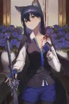  1girl absurdres animal_ear_fluff animal_ears arknights black_hair black_jacket black_pantyhose black_vest blood blue_flower blue_gloves blue_rose blue_shorts brown_eyes collared_shirt cowboy_shot fingerless_gloves flower gloves highres holding holding_sword holding_weapon jacket jacket_on_shoulders long_hair long_sleeves pantyhose rose satellite999 shirt shorts solo sword texas_(arknights) texas_the_omertosa_(arknights) vest weapon white_shirt wolf_ears wolf_girl 