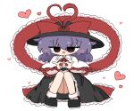 1girl black_hat black_shoes black_skirt bow capelet commentary_request frilled_capelet frills full_body hat hat_bow heart heart_hands kuuinusuki looking_at_viewer nagae_iku open_mouth purple_hair red_bow red_eyes shoes short_hair simple_background sitting skirt socks solo touhou white_background white_socks 