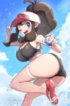  1girl ;d ass bad_anatomy baseball_cap bikini black_bikini black_sports_bra blue_eyes blue_sky breasts brown_hair cloud cloudy_sky dive_ball gonzarez hand_on_headwear hat high_ponytail highres hilda_(pokemon) holding holding_poke_ball medium_breasts one_eye_closed open_mouth poke_ball pokemon pokemon_bw ponytail sandals sidelocks skindentation sky smile solo sports_bikini sports_bra sportswear sweat swimsuit thigh_strap thighs twisted_torso water 
