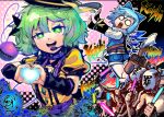  2girls 6+boys adapted_costume alternate_costume black_hat blue_bow blue_flower blue_hair blue_rose blue_shirt blue_shorts boots bow brown_boots chinese_commentary cirno commentary_request denim detached_wings eyeball flower glowstick green_eyes green_hair green_skirt hair_bow hat headset heart heart-shaped_pupils heart_hands heart_in_heart_hands heart_of_string heran_hei_mao holding holding_glowstick ice ice_wings jeans komeiji_koishi multiple_boys multiple_girls open_mouth pants puffy_short_sleeves puffy_sleeves rose sack scarf shirt short_sleeves shorts sin_sack skirt symbol-shaped_pupils third_eye touhou touhou_hero_of_ice_fairy white_scarf wings yellow_shirt 