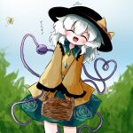  1girl ^_^ basket black_hat bow bug butterfly buttons closed_eyes cloud commentary_request day diamond_button eyeball floral_print frilled_shirt_collar frilled_sleeves frills green_hair green_skirt hat hat_bow hat_ribbon heart heart_of_string heripantomorrow holding holding_basket komeiji_koishi medium_hair open_mouth outdoors picnic_basket ribbon rose_print shirt skirt sleeves_past_wrists smile standing third_eye touhou translation_request wide_sleeves yellow_bow yellow_butterfly yellow_ribbon yellow_shirt 