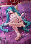  1girl absurdres alternate_costume anal anal_beads anal_object_insertion aqua_eyes aqua_hair areola_slip ass breasts chain chain_leash chinese_commentary commentary_request condom cum cum_pool dark_areolae dildo fishnet_thighhighs fishnets full_body hair_between_eyes hatsune_miku highres hitachi_magic_wand holding holding_sex_toy huge_breasts indoors kele_xianren leash leopard_print_bikini long_hair lying object_insertion on_bed on_side open_mouth pearl_thong see-through_clothes see-through_shirt sex_toy sex_toy_pull shirt solo thighhighs tongue tongue_out twintails untied_bikini_top used_condom used_condom_in_clothes variant_set very_long_hair vibrator vocaloid 