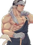  1boy abs animal_ears bara bare_pecs blush bulge chinese_zodiac cow_boy cow_ears cow_tail cowboy_shot facial_hair gloves highres large_pectorals looking_to_the_side male_focus mature_male muscular muscular_male nipple_slip nipples original overalls short_hair sideburns solo stormsoul-kinkijakuyaku stubble suspenders sweat tail towel towel_around_neck year_of_the_ox 