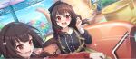  2girls :d amusement_park arch balloon black_bow black_dress black_hairband blue_sky blurry blurry_background blurry_foreground blush bow bow_hairband breasts brown_hair brown_skirt cloud day double-parted_bangs dress dutch_angle game_cg hair_ornament hair_scrunchie hairband hand_up highres kono_subarashii_sekai_ni_shukufuku_wo! konosuba!_fantastic_days large_breasts lens_flare medium_hair megumin motion_lines multiple_girls official_art open_mouth outdoors red_eyes red_scrunchie scrunchie sidelocks skirt sky smile sparkle spinning_teacup suspender_skirt suspenders teapot third-party_source variant_set yunyun_(konosuba) 