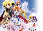  1boy 5girls animal_ears arf arisa_bunnings axe backpack bag bardiche_(device_form)_(nanoha) bardiche_(nanoha) black_cape black_gloves black_leotard blonde_hair blue_eyes breasts brown_cloak brown_hair brown_shorts cape cleavage cloak closed_mouth collared_dress commentary dress fate_testarossa fate_testarossa_(movie_1st_form) feathers fingerless_gloves full_body gloves green_eyes hairband higa_yukari highres holding holding_axe holding_staff leotard looking_at_viewer lyrical_nanoha mage_staff magic_circle mahou_shoujo_lyrical_nanoha mahou_shoujo_lyrical_nanoha_the_movie_1st multiple_girls one_side_up open_mouth orange_hair parted_lips purple_hair raising_heart raising_heart_(device_mode)_(1st) randoseru red_cape red_eyes sailor_collar school_uniform seishou_elementary_school_uniform serafuku short_hair shorts sky staff standing standing_on_magic_circle takamachi_nanoha takamachi_nanoha_(movie_1st_mode) tsukimura_suzuka two-sided_cape two-sided_fabric watermark waving white_dress white_hairband white_sailor_collar white_serafuku wolf_ears yuuno_scrya 