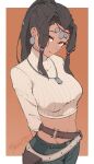  1girl arms_behind_back belt belt_pouch black_hair border breasts cherrrim closed_mouth cowboy_shot cropped_sweater dark-skinned_female dark_skin earrings groin head_tilt high_ponytail highres jewelry kasa_(zenless_zone_zero) large_breasts long_hair looking_at_viewer midriff multiple_belts navel orange_eyes outside_border pants pendant ponytail pouch smile solo stomach sweater taut_clothes taut_sweater white_border zenless_zone_zero 