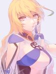  1girl arm_cutout bangs blonde_hair breasts gloves grey_background hair_between_eyes highres index_finger_raised long_hair looking_at_viewer medium_breasts milla_maxwell parted_lips signature solo tales_of_(series) tales_of_xillia tales_of_xillia_2 ubo_(ubo_tales) upper_body yellow_eyes 