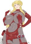  1girl absurdres adette_kistler alternate_breast_size bad_source blonde_hair blue_eyes bodystocking bodysuit breasts dress hakai_shin highres huge_breasts looking_at_viewer overman_king_gainer red_dress revealing_clothes simple_background solo standing watermark 