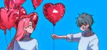  1boy 1girl alien_stage balloon blue_background blush choker closed_eyes from_side gauze gauze_on_cheek giving glasses grey_hair heart heart_balloon highres holding holding_balloon kyon_(zmwh8222) long_hair mizi_(alien_stage) pink_hair shirt short_hair till_(alien_stage) white_choker white_shirt 
