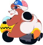  2025 anthro anus big_butt blush brown_body butt clothing eulipotyphlan eyewear goggles hat headgear headwear male mammal mario_bros mole_(animal) motorcycle nintendo rocky_wrench shelbyzangoose sitting slightly_chubby solo tongue tongue_out vehicle 