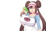  amane_hasuhito aqua_eyes ball blush breasts brown_hair hat long_hair mei_(pokemon) pokemon snivy twintails white wink 