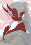  1girl akumi_(yoclesh) breasts cherry_tree cleavage colored_skin from_side hair_between_eyes hand_fan head_tilt high_ponytail holding holding_fan horns indie_virtual_youtuber large_breasts looking_at_viewer neck_ribbon off_shoulder oni orange_eyes pointy_ears ponytail red_skin ribbon robe second-party_source sidelocks skin-covered_horns solo virtual_youtuber white_hair white_robe yoimon 