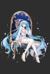  1girl bare_shoulders black_background blue_eyes blue_hair breasts chair choker cleavage closers detached_sleeves dress full_body hair_ribbon hand_up high_heels highres large_breasts long_hair long_sleeves looking_at_viewer official_art open_mouth petals ribbon see-through_clothes see-through_sleeves shoes simple_background sitting sleeveless sleeveless_dress smile solo thighhighs very_long_hair violet_(closers) white_choker white_dress white_shoes white_thighhighs 