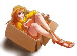  1girl bangle bare_legs birthday box bracelet breasts brown_eyes earrings feet food fruit full_body hat high_heel_sandals holding holding_food holding_fruit in_box in_container jewelry large_breasts legs light_blush long_hair looking_at_viewer mandarin_orange nami_(one_piece) official_alternate_costume one_piece orange_hair orange_overalls orange_shorts overalls pearl_earrings sandals shampowrado shorts sitting solo straw_hat sweater toes tongue tongue_out turtleneck turtleneck_sweater wavy_hair white_background yellow_sweater 
