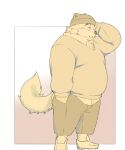  2021 anthro biped bottomwear canid canine canis clothing domestic_dog hat headgear headwear inunoshippo kemono male mammal overweight overweight_anthro overweight_male pants solo sweater topwear 
