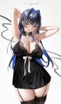  1girl absurdres alternate_costume armpits arms_behind_head arms_up babydoll black_babydoll black_hair black_thighhighs blue_eyes blue_hair blue_nails breasts choker cleavage colored_inner_hair cowboy_shot hair_intakes halterneck highres hololive hololive_english lace-trimmed_choker lace_trim large_breasts lingerie long_hair looking_at_viewer lyusiola multicolored_hair ouro_kronii sidelocks simple_background solo thighhighs underwear virtual_youtuber white_background wispy_bangs 