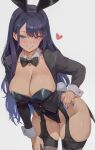  1girl alterlesott animal_ear_hairband animal_ears black_bow black_bowtie black_hair black_leotard blue_eyes blue_hair blush bow bowtie breasts colored_contact_lens colored_inner_hair contact_lens cosplay detached_collar fake_animal_ears four_of_hearts hairband highres izayoi_arisa kitagawa_marin lace_garter_straps large_breasts leotard long_hair looking_at_viewer multicolored_hair panties_under_leotard playboy_bunny rabbit_ear_hairband rabbit_ears solo sono_bisque_doll_wa_koi_wo_suru tail tailcoat tailcoat_playboy_bunny thighhighs tuxedo wrist_cuffs 