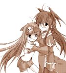  2000s_(style) 2girls bandana breasts brown_theme closed_mouth commentary_request cowboy_shot cropped_jacket cross cross_necklace dress head_wings hug hunter_(ragnarok_online) jewelry juliet_sleeves long_hair long_sleeves looking_at_viewer medium_breasts mei_(artist) midriff miniskirt monochrome multiple_girls navel necklace open_mouth pince-nez priest_(ragnarok_online) puffy_sleeves ragnarok_online short_sleeves shorts shorts_under_skirt side_slit simple_background skirt skull_print small_breasts smile white_background wings 
