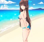  1girl absurdres adjusting_clothes adjusting_swimsuit ass back bangs beach bikini blue_bikini blush bow breasts brown_eyes brown_hair day dimples_of_venus eyebrows_visible_through_hair from_side hair_bow halter_top halterneck highres legs_together long_hair looking_at_viewer marui_koishi medium_breasts mountainous_horizon nervous_smile ocean original outdoors smile sparkle standing swimsuit underboob 