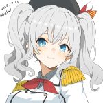  1girl absurdres beret bigkwl black_hat blue_eyes breasts close-up commentary dated epaulettes grey_hair hat highres jacket kantai_collection kashima_(kancolle) large_breasts long_hair looking_at_viewer military_jacket neckerchief red_neckerchief sidelocks smile solo twintails wavy_hair white_background 